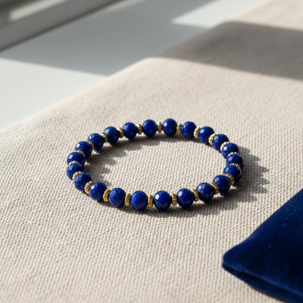 Lapis Lazuli Faceted Bracelet with 18K Gold-Tone Spacer Beads – 6mm 64-Cut Natural Blue Gemstone | Sparkling Healing Crystal Jewelry for Women | Elegant Handmade Stretch Bracelet Gift with Velvet Pouch(6mm 64-Facet Sparkle)