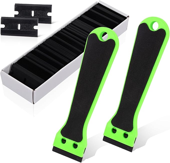 EHDIS 2pcs Plastic Razor Scraper 6-inch Long Handle Adhesive Remover Tool with 100 Double-Edge Blades for Window Tint Vinyl Scraper Decal Sticker Glue Remove (âNeon-Green)