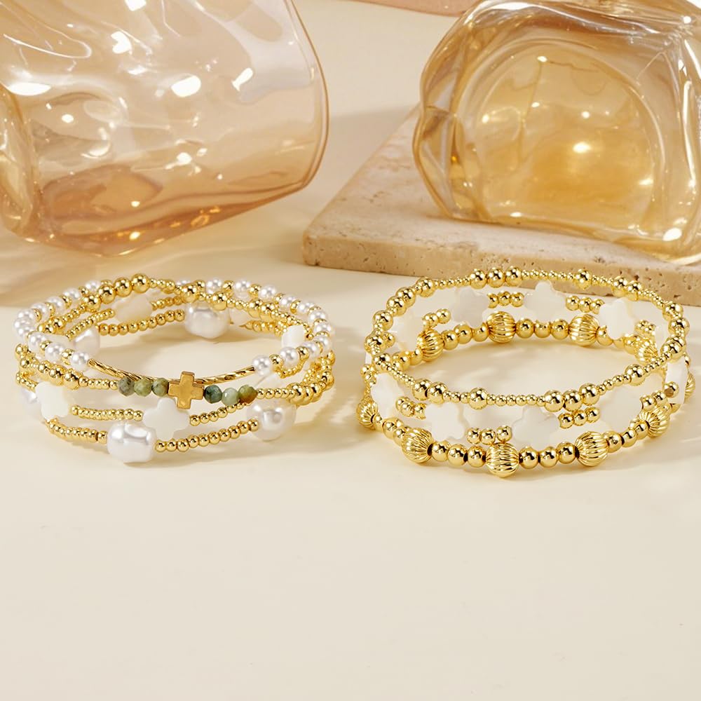 SHINUS BOHO St Patricks Day Bracelets for Women,Gold Bracelet Stack,Bohemian Green Clover Elastic Pearl Stackable Stretch Bracelet Set Fashion Festival Theme Party Saint Patricks Day Accessories Outfits Jewelry Gifts
