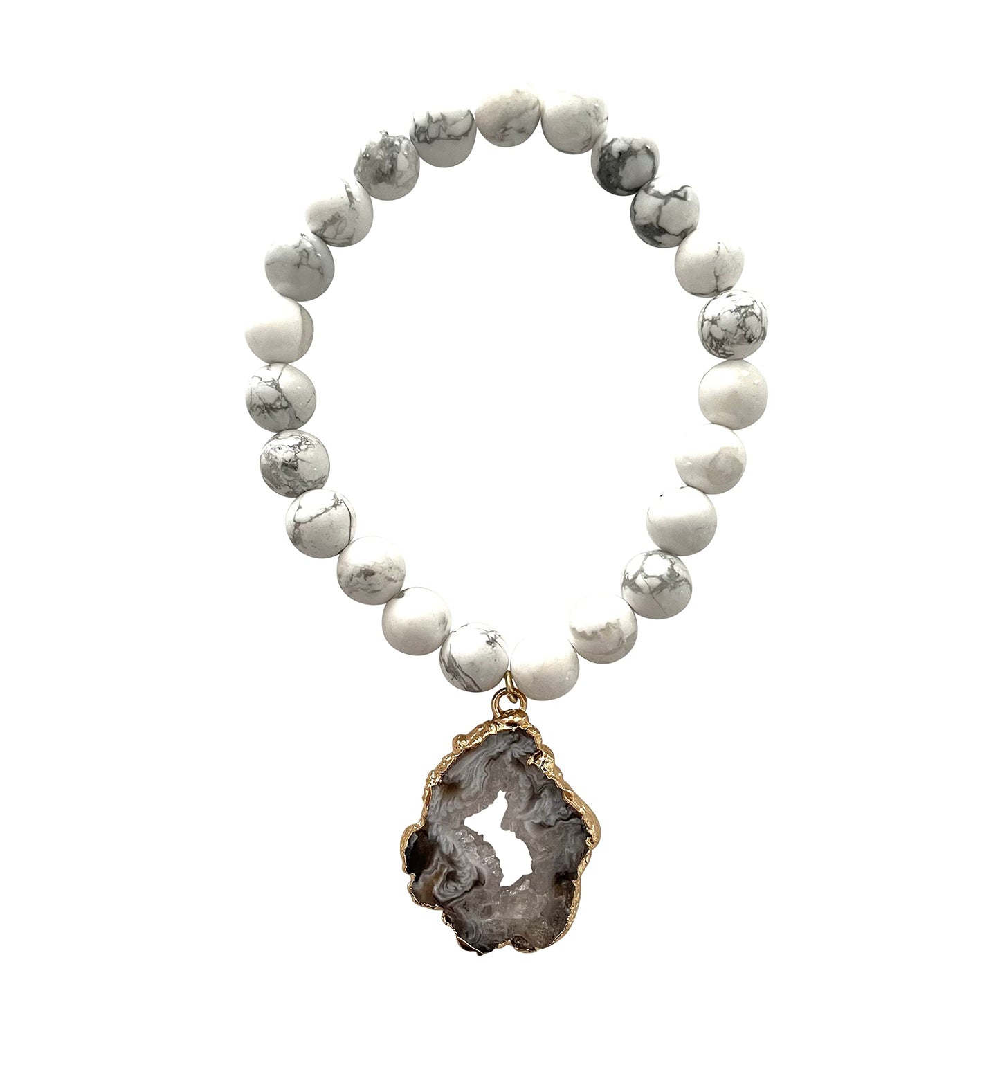 T. VICTORIA White Howlite Natural Crown Chakra Healing Anxiety Beaded Agate Slice Charm Gemstone Bracelet 7"