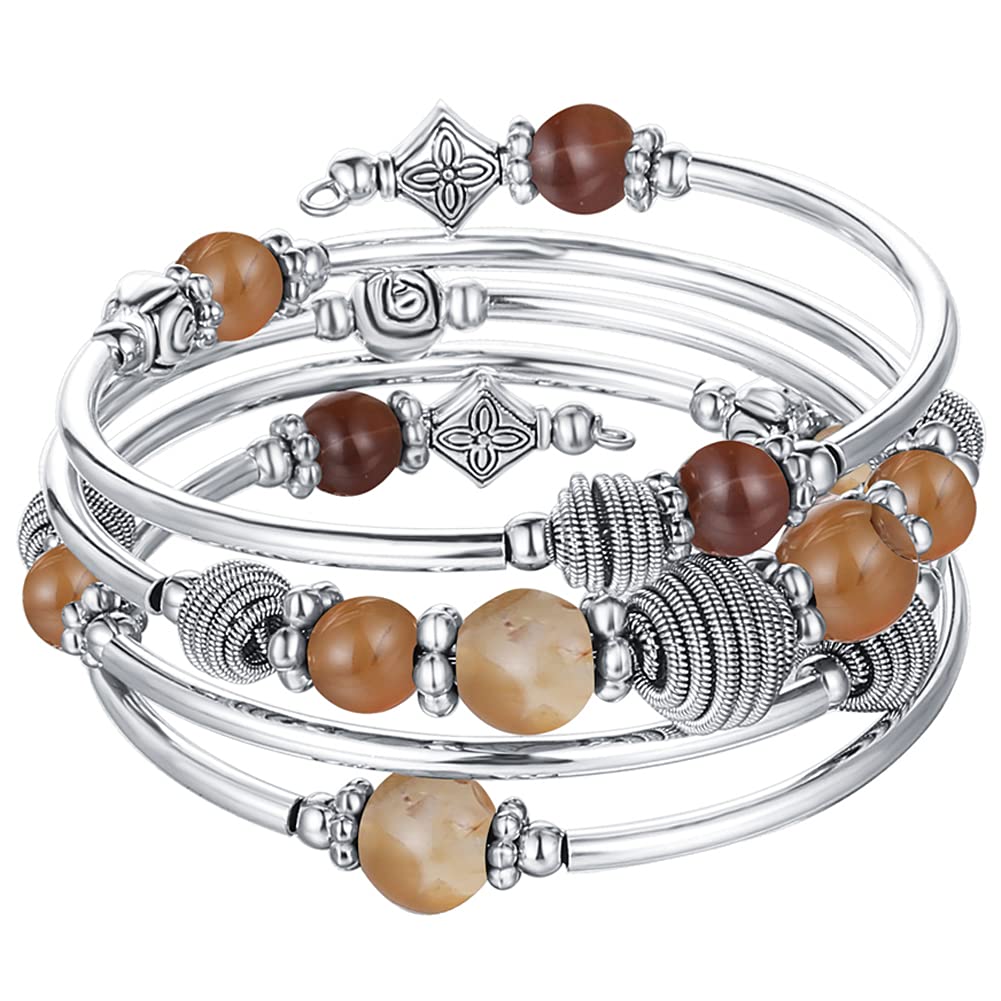 PEARL&CLUB Beaded Chakra Bangle Turquoise Bracelet - Fashion Jewelry Wrap Bracelet with Thick Silver Metal and Mala Beads, Birthday Gifts For Women(Brown)