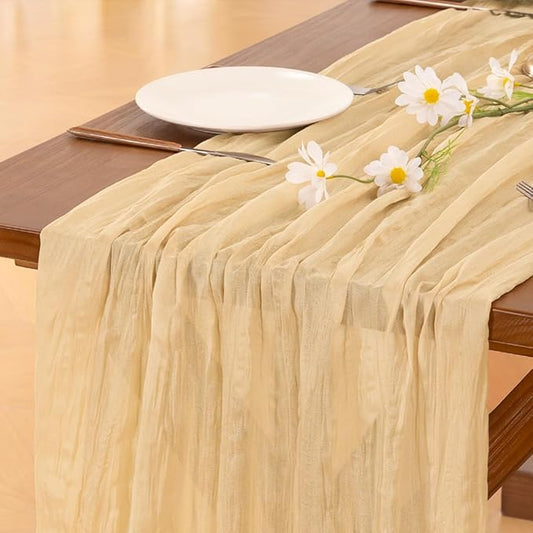 Socomi 10pcs Gold Champagne Cheesecloth Table Runner Boho Rustic Gauze 120 inch 10FT Cheese Cloth Sheer Runner for Wedding Party Baby Shower Birthday Home Decor Holiday Decorations