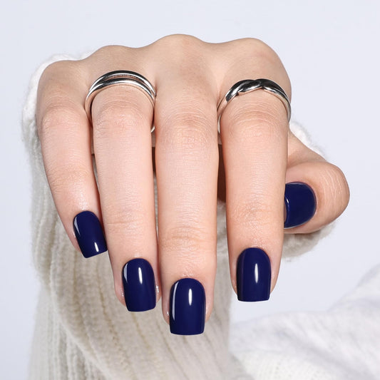 Navy Blue Press On Nails - Short Square Dark Blue Press on Nails Glossy Fake Nails Press Ons for Women DIY Fake Nails Kit with Glue, Reusable Glue on Nails Short in 15 Sizes - 30pcs, Midnight Blue