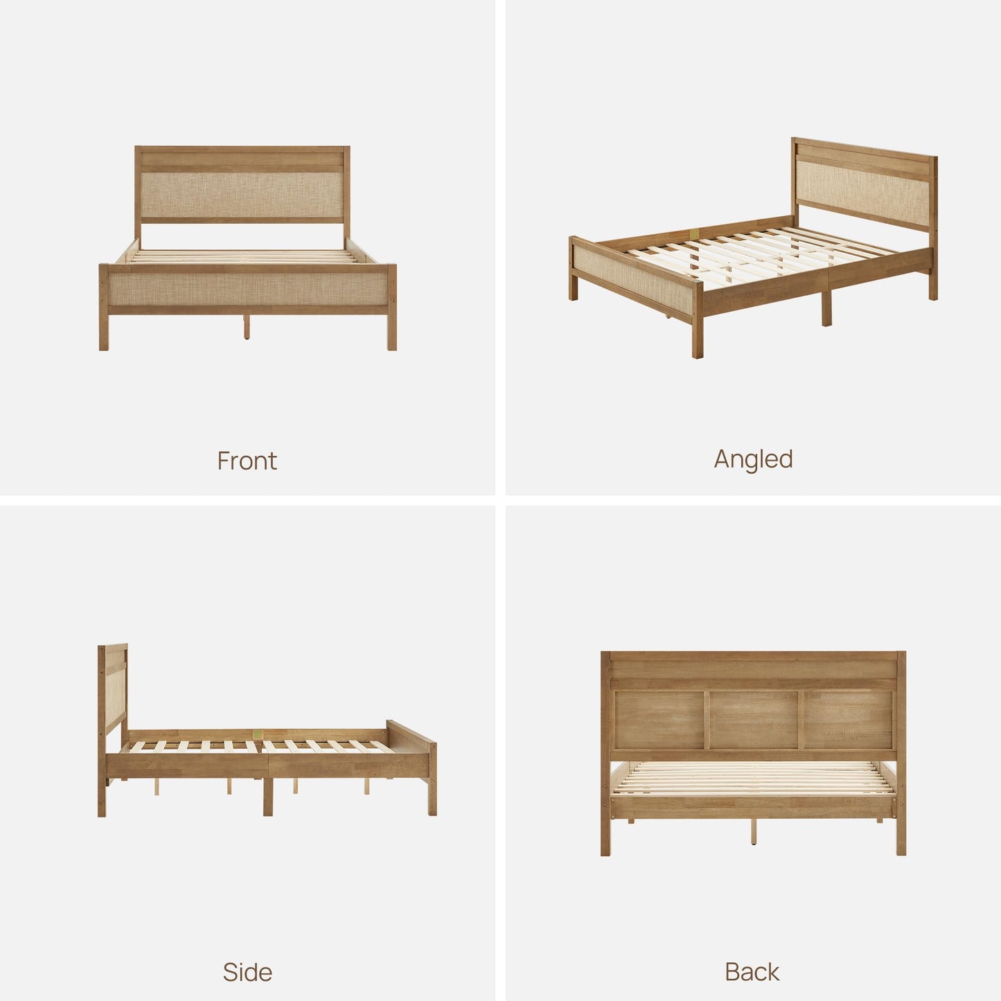SICOTAS Rattan Queen Bed Frame with Tall Headboard, 15 Inch Natural Solid Wood Platform Bed Boho Bedframe with Wooden Slats Support & Under Bed Storage, Noise Free, Easy Assembly, Oak