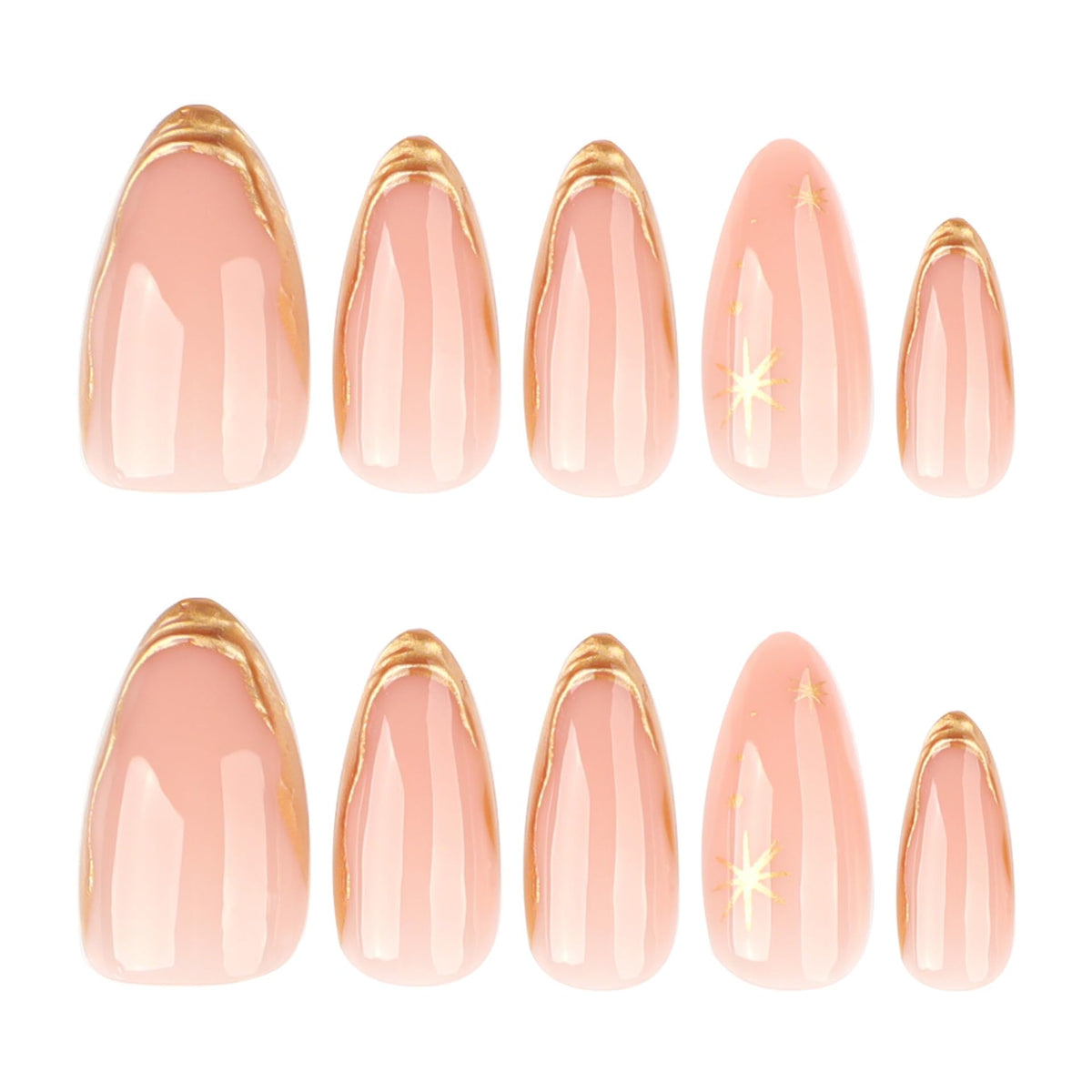 Gold French Tip Press On Nails Medium Almond Fake Nails 3D Gold With Star Design Nude False Nails Full Cover Reusable Glossy Stick On Nail Glue On Nail For Women Girls Manicure Decorations 24pcs