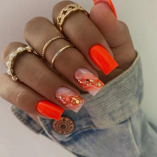 Medium Press on Nails Square - Orange Fake Nails with Gold Foil Design - Glossy Full Cover Stick on False Nails - for Women 24 Pcs