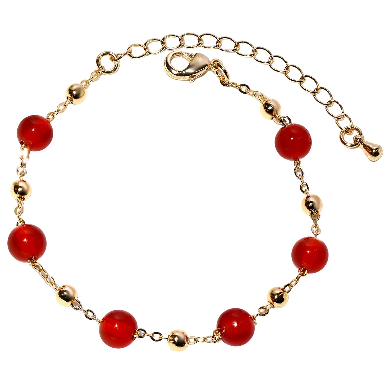 Xfoxstal 14K Gold Plated Chain Bracelets for Women Crystals and Stones Beaded Bracelets Jewelry Adjustable (Red Agate)