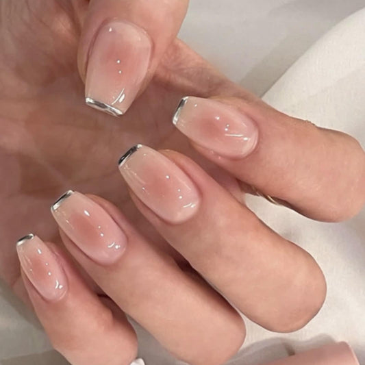 YoYoee 24Pes Short Coffin Press on Nails - Nude False Nails French Gradient Fake Nails Glossy Full Cover Nails Tips for Women