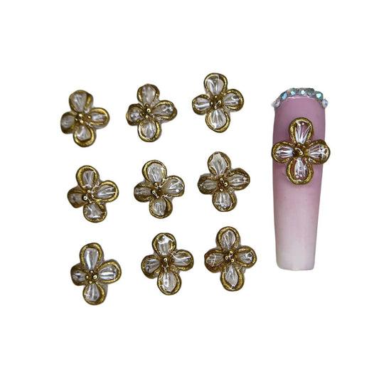 Set 6Pcs Gel 3D Clear 4Petals White Chrome Flowers Nails Charms Handmade by Gel, Design For Medium Nail 3D Flower For Nail Art Floral Salon Decor For Women Girls (Clear 4Petals White Chrome-6Pcs)
