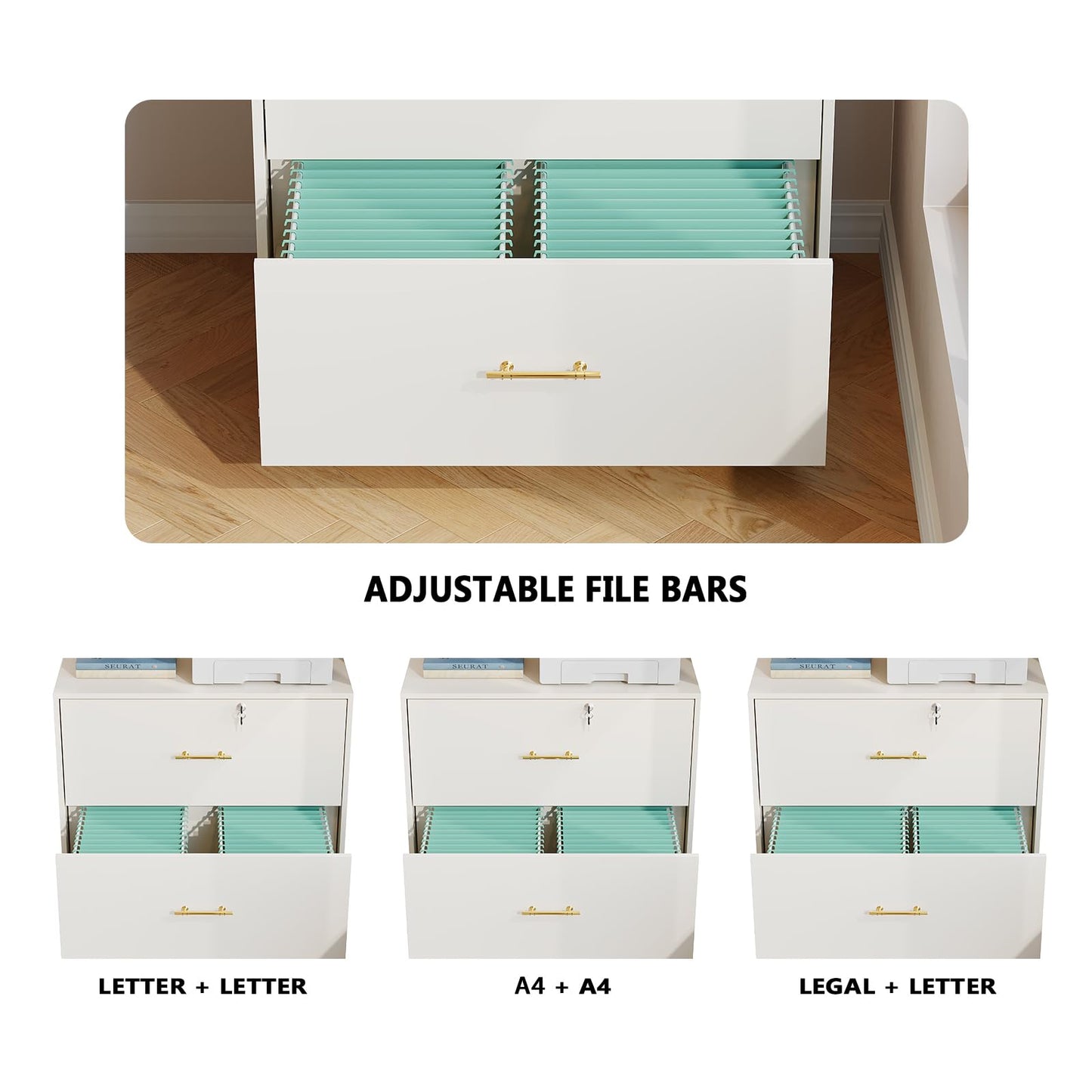 GFGWXW 2 Drawer Lateral File Cabinet with Lock, Suitable for Letter/A4/F4/Legal Size Hanging Files,Large Wood Filing Storage Cabinets Printer Stand for Home Office,White