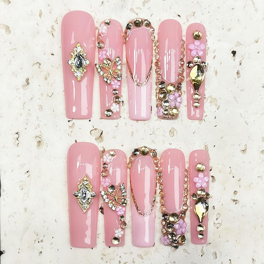 Luxury Handmade Press on Nails Long Square Fake Nails Summer Pink Press Ons with Rhinestones Flowers Design Reusable False Nails Full Cover Stick on Nail for Women Manicure 10Pcs (Size M)