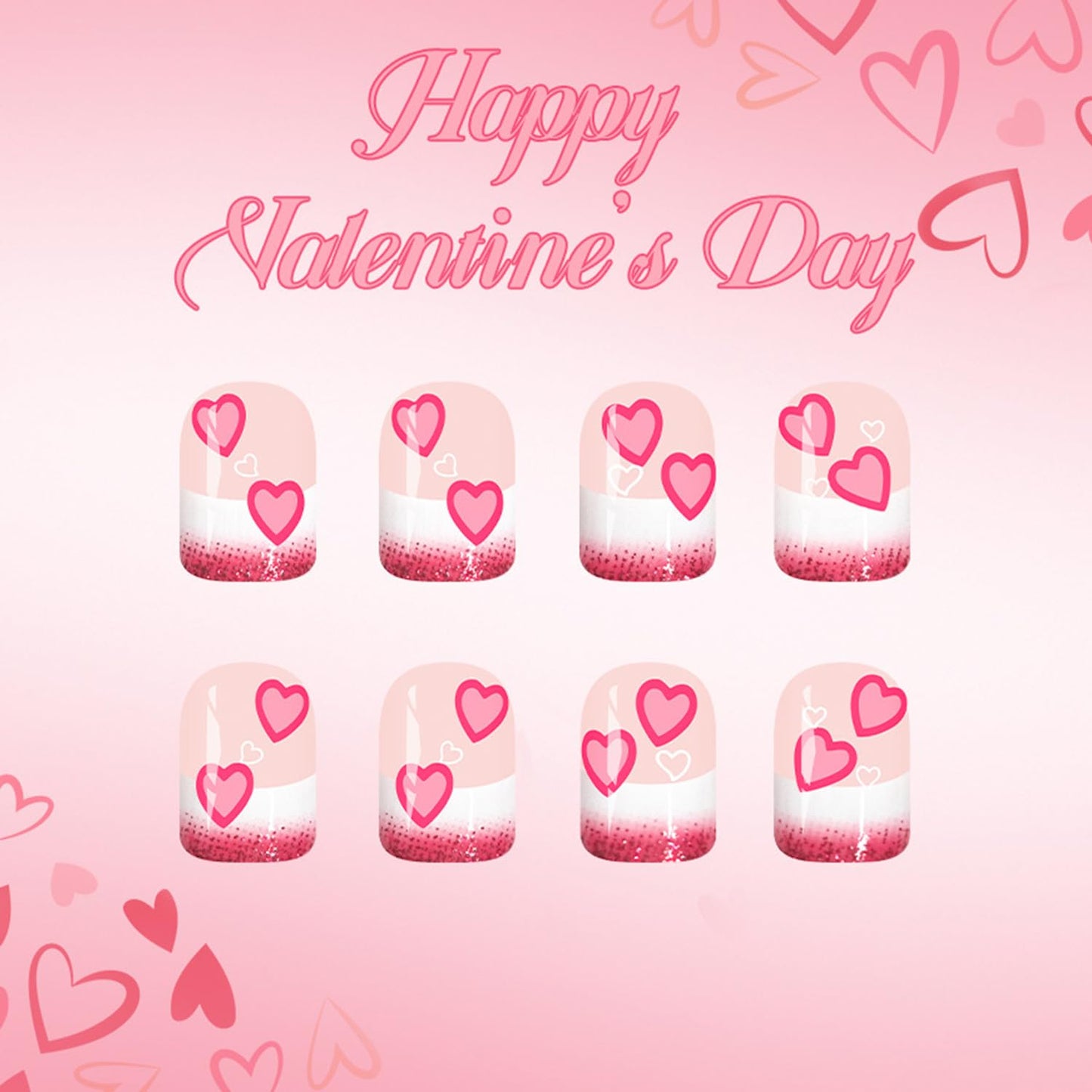 Valentines Press on Nails Short Square Artificial Acrylic Fingernails French Glitter Tip False Nails Pink Love Coffin Nail Full Cover Glossy Heart Stick on Nail for Women Festival Manicure 24Pcs