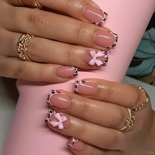 Handmade 10 Pcs French Pink Press on Nails Short Square 3D Bow Texture Design Spring Acrylic Nail Art Kit Fake Nails Press ons Nail Tips Full Cover Leopard Women Manicure (MT-118, M)
