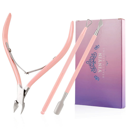 YINYIN Professional Stainless Steel Cuticle Trimmer with Pusher and Cutter - Durable Pedicure Manicure Tools for Fingernails and Toenails (Pink)