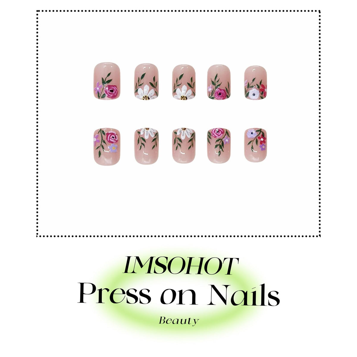 IMSOHOT Press on Nails Short Square Fake Nails Flower French Tips Glossy Nude Acrylic False Nails for Women Summer Stick on Nails 24Pcs