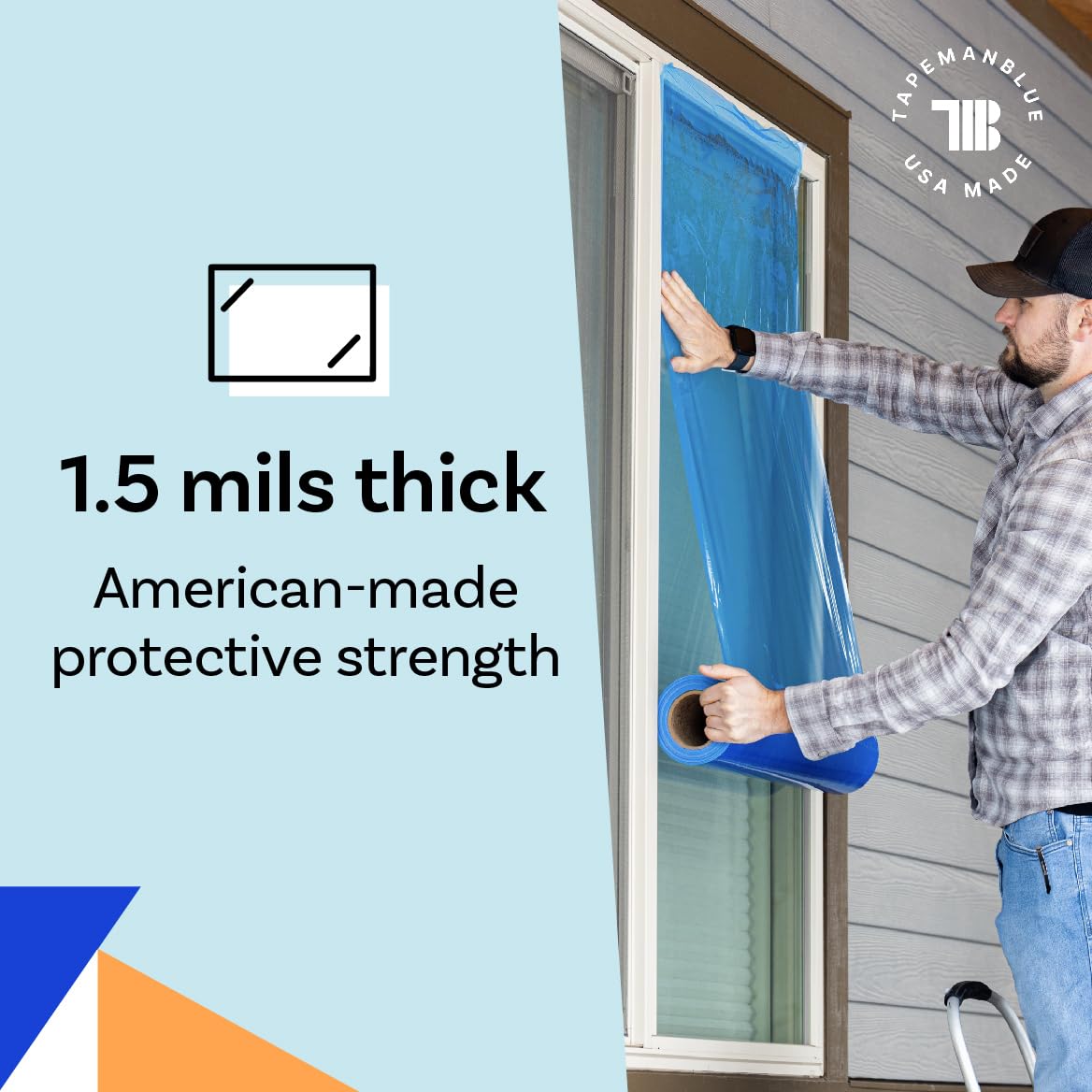 TapeManBlue Window Protection Film, 48 inch x 600 feet, Made in The USA, Strongest and Most Durable Window Protection Film for Construction, Blue Self-Adhesive Temporary Glass Protection Tape