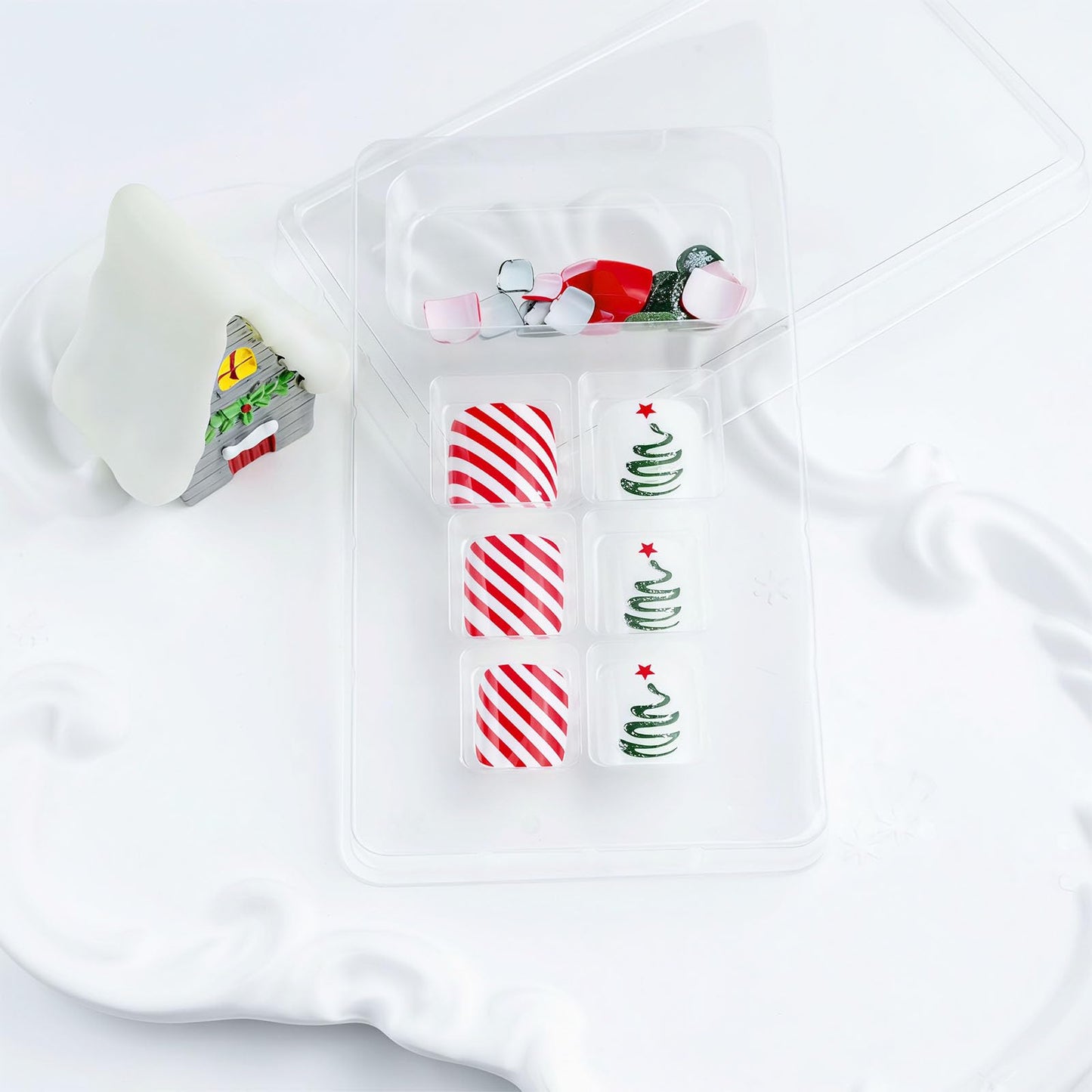 Christmas Glitter Press on Toenails Short Square Fake Toenails Glitter Christmas Tree Toe Nail Tips Snowflakes False Toenails Full Cover Glossy Christmas Toe Manicure Decorations for Women 24Pcs