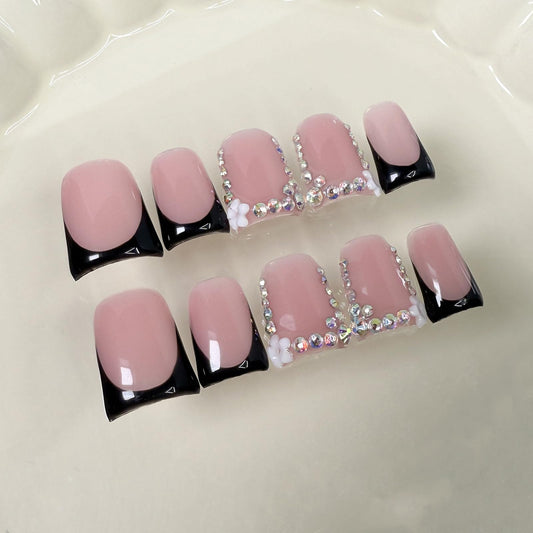 Handmade Press on Nails Short Duck Black French Tip Thick Acrylic Fake Nails 3D Floral False Nails with Rhinestones Pink Flower Designs Elegant Sturdy Nail Art Press on Nails 10Pcs(S)