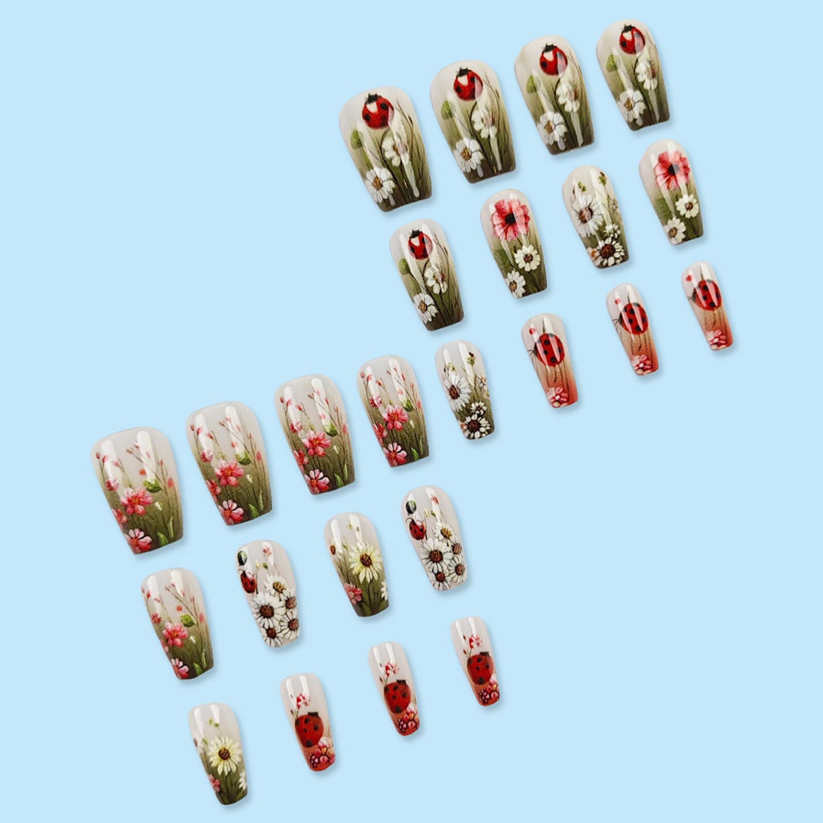 Spring Daisy Oil Painting Press on Nails Medium Ballet Fake Nails Ladybug Flowers False Nails with Nude Daisy Flowers French Design Spring Stick on Nails for Women Girls Manicure Decoration 24 pcs