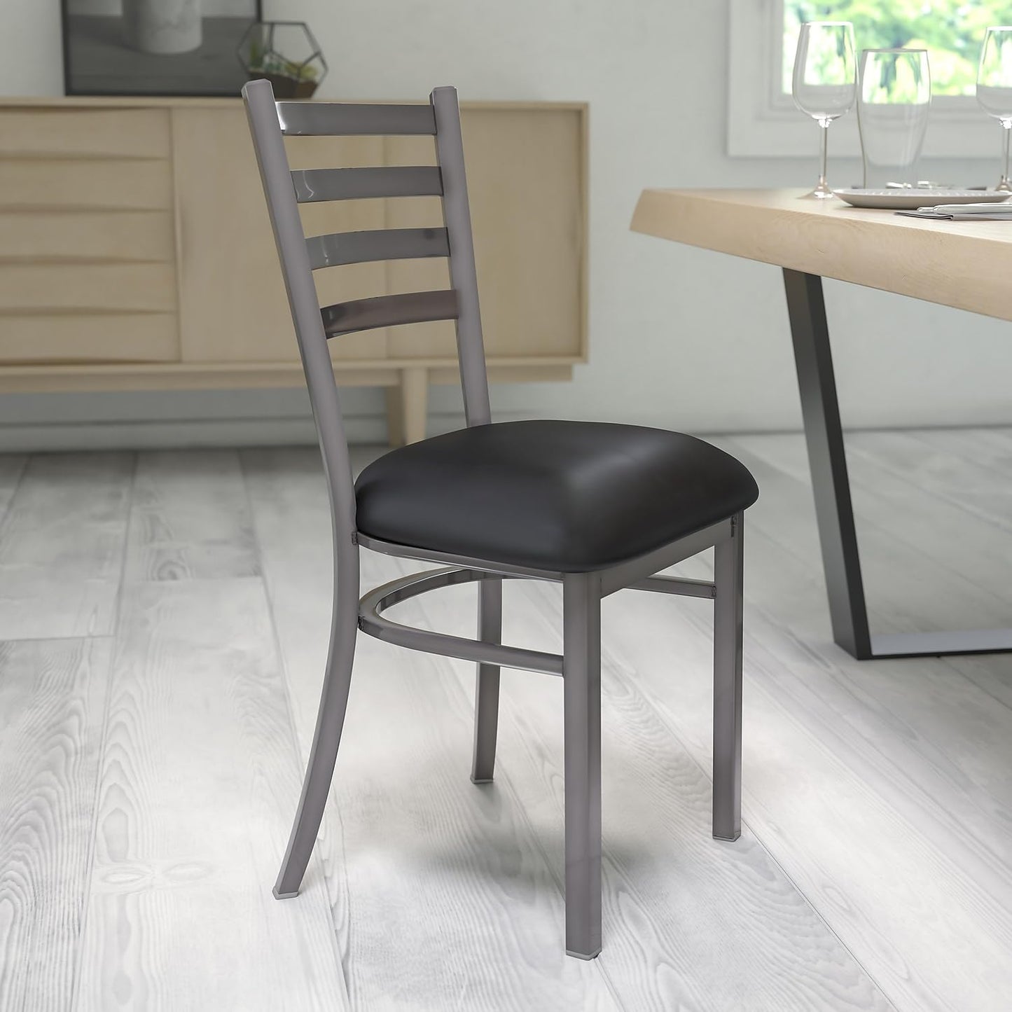 Flash Furniture 2 Pack HERCULES Series Clear Coated Ladder Back Metal Restaurant Chair - Black Vinyl Seat