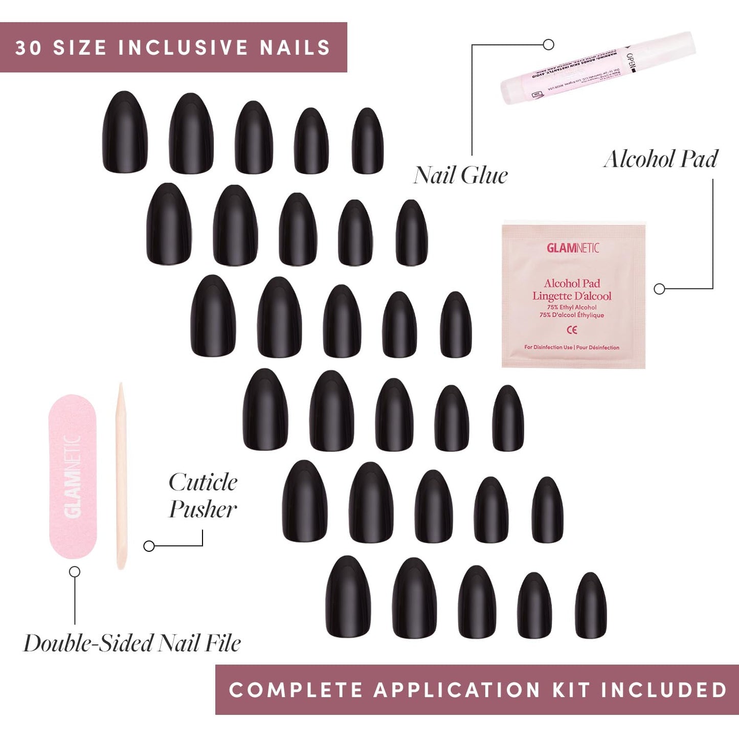 Glamnetic Press-On Nails Bundle - Unicorn Tears, Fairy Dust & Boba | Oval, Misty-Grey Nails with a Metallic Finish | Oval Beige-Pink False Nails with a Metallic Finish | Opaque Black Short