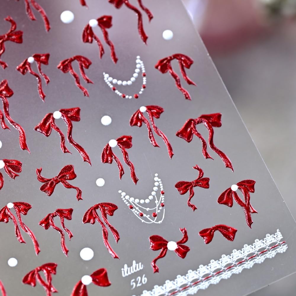 Bow Nail Stickers 5D Embossed Red Bowknot Nail Art Stickers 3D Self-Adhesive Laser Ribbon Nails Supplies White Bead Necklace Nail Decals Stickers Cute Nail Designs for Women DIY Manicure 1 Sheet