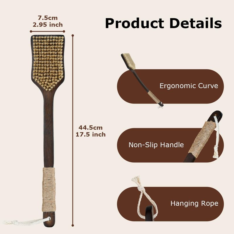Shower Back Scrubber with Curved Long Handle, Medium-Hard Natural Boar Bristles Back Scrubber for Shower for Men and Women Exfoliator Set with Foot File (2 Pack)