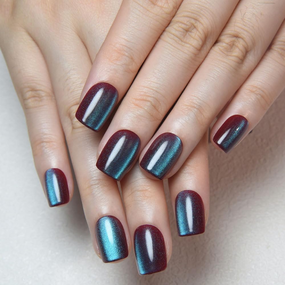 evpct Mauve Teal Cat Eye Chrome Press on Nails Short Square No Glue, Holographic Short Square Stick on Nails for Women, Holographic Glossy Fake Nail Reusable, Soft Press on Acrylic Nail with Designs