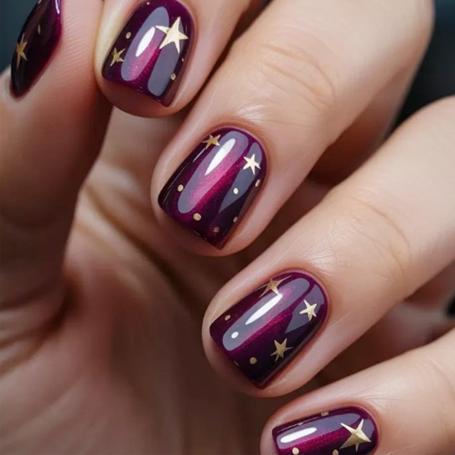 HZJXRT Press on Nails 24 Pcs Starry Sky Gel Glue on Nail Glossy Purple Glitter Stick on Fingernail Gold Stars Acrylic Fake Nail Polka Dots Short Square False Nails for Coquette Women Gift