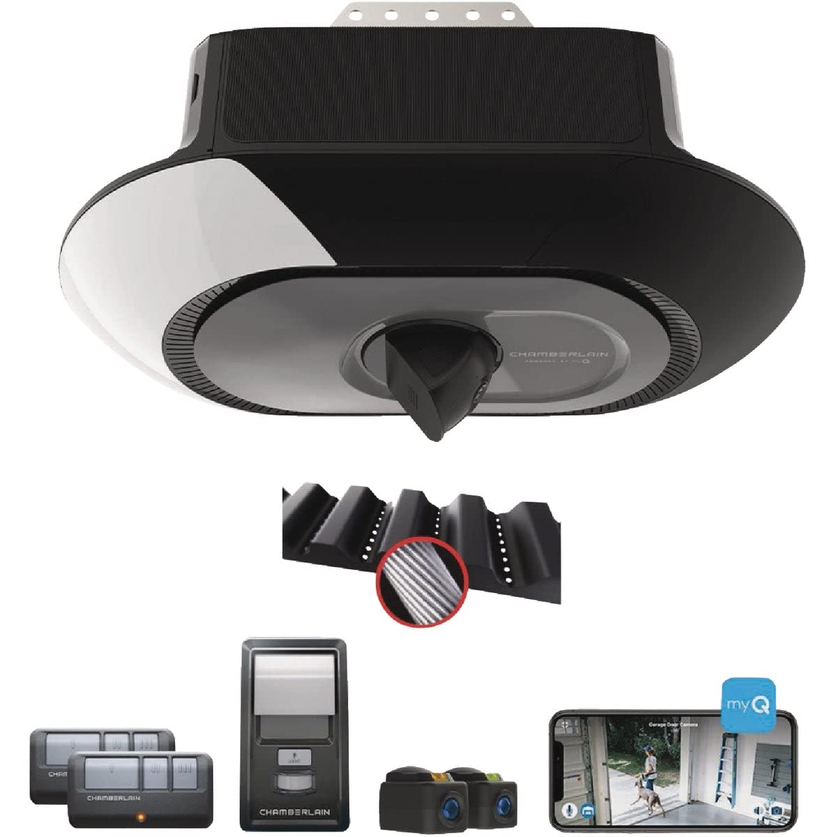 Chamberlain B4643T Smart Built in Camera-myQ Smartphone Controlled-Ultra Quiet, Strong Belt Drive, Blue Garage Door Opener