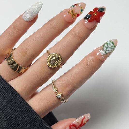 Christmas Press On Nails - MAGLFELL Handmade Almond Fake Nails, 3D Painting Floral and Trees, Bow and Gemstone Design, Reusable Artificial False Nails for Women 15 Sizes - 30Pcs Stick On Nails Kit
