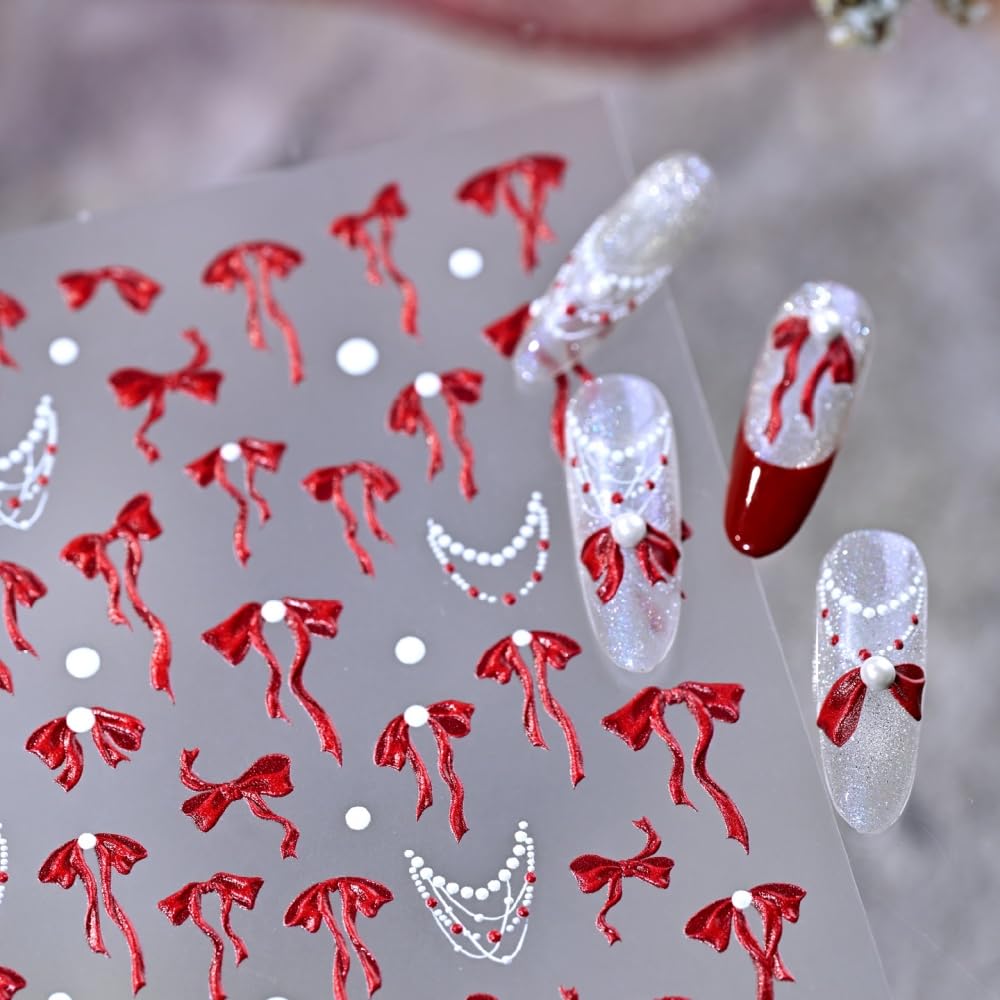 Bow Nail Stickers 5D Embossed Red Bowknot Nail Art Stickers 3D Self-Adhesive Laser Ribbon Nails Supplies White Bead Necklace Nail Decals Stickers Cute Nail Designs for Women DIY Manicure 1 Sheet