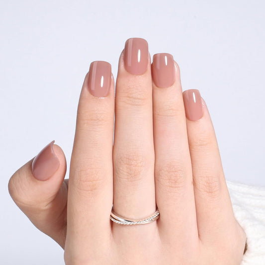 Leefrei Soft Mocha Nude Press on Nails - Short Square Glossy Nails Press ons for Women, Reusable Warm Nude Glue On Nails 30 Pcs 15 Sizes Fake Nails Kit with Glue, Soft Mocha