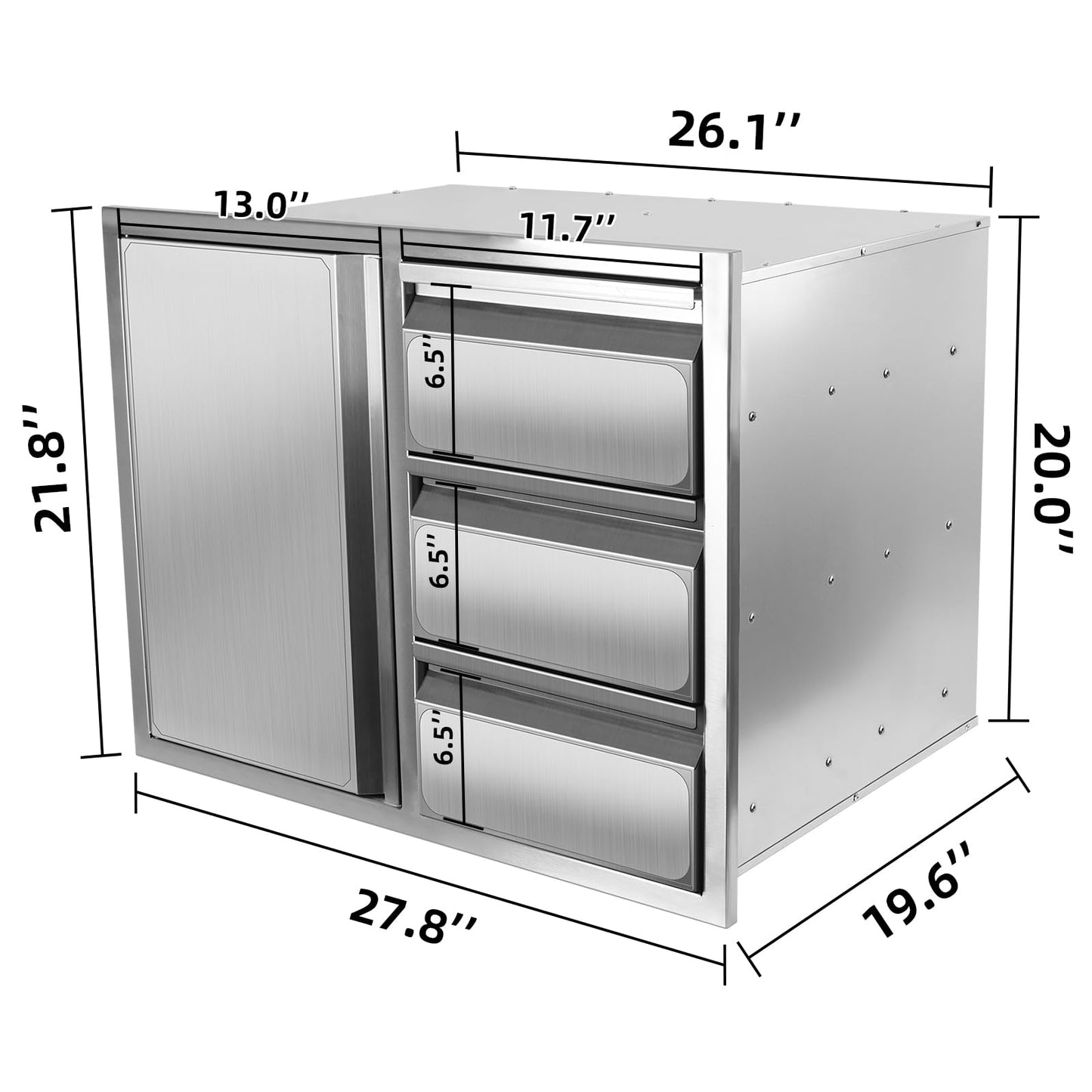 Outdoor Kitchen Drawer Combo, Stainless Steel Sealed Storage Combo with Triple Drawer, Outdoor Kitchen for BBQ Island, Grilling Station, Outside Cabinet (27.8" W x 21.8" D x 19.6" H)（Right Drawer）