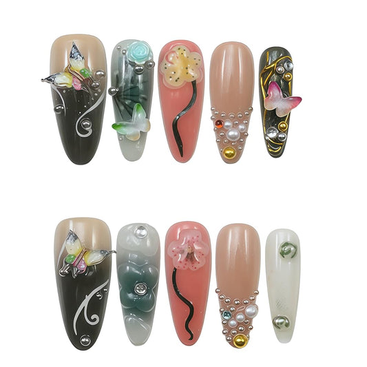 WZHAOJUN Handmade Press On Nails,Medium Butterfly Presson Nails For Women,10pcs Abs Material Fake Nails With Design-Reusable Glue On Hand Made Nails For Party Wedding(10Pcs Size M)