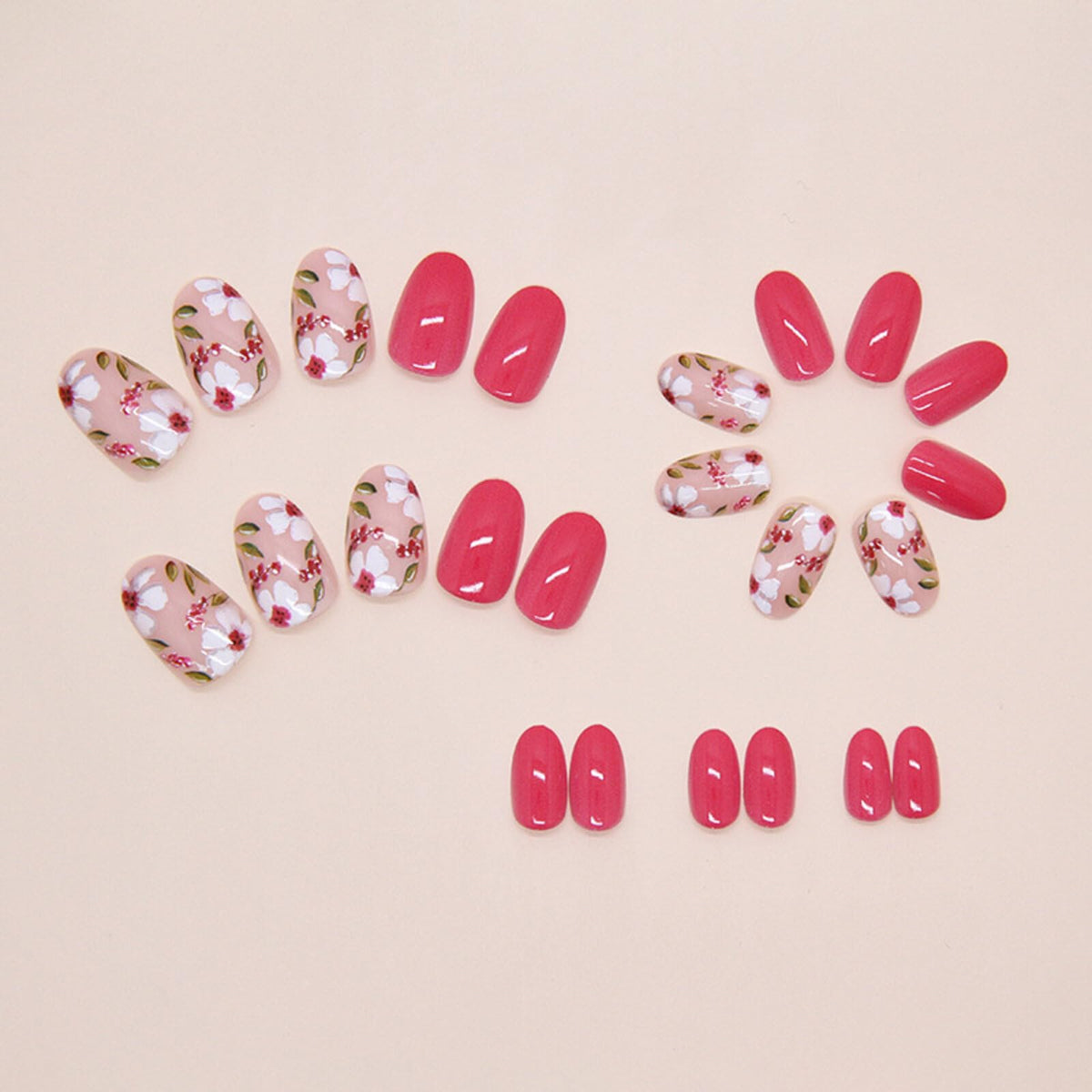 Floral Medium Oval Press on Nails Hot Pink Base White Floral Accents Green Leaf Details Glossy Finish Reusable Spring Nails Easy Apply Fashion Party Wear Durable Trendy Women Girls Nail Art 24 Pcs