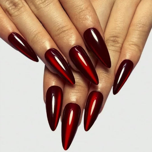 Red Press on Nails Long Almond Fake Nails Glitter False Nails with Designs Christmas Glossy Full Cover Acrylic Glue on Nails Artificial Stick on Nail Cat Eye for Women Manicure Decoration 24Pcs