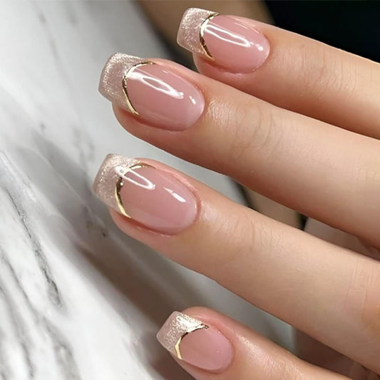 Taoyisent Elegant Pink Glitter French Tip Press-On Nails with Gold Accent, Square Shape False Nails, Salon-Quality Nail Kit for Women, 24Pcs