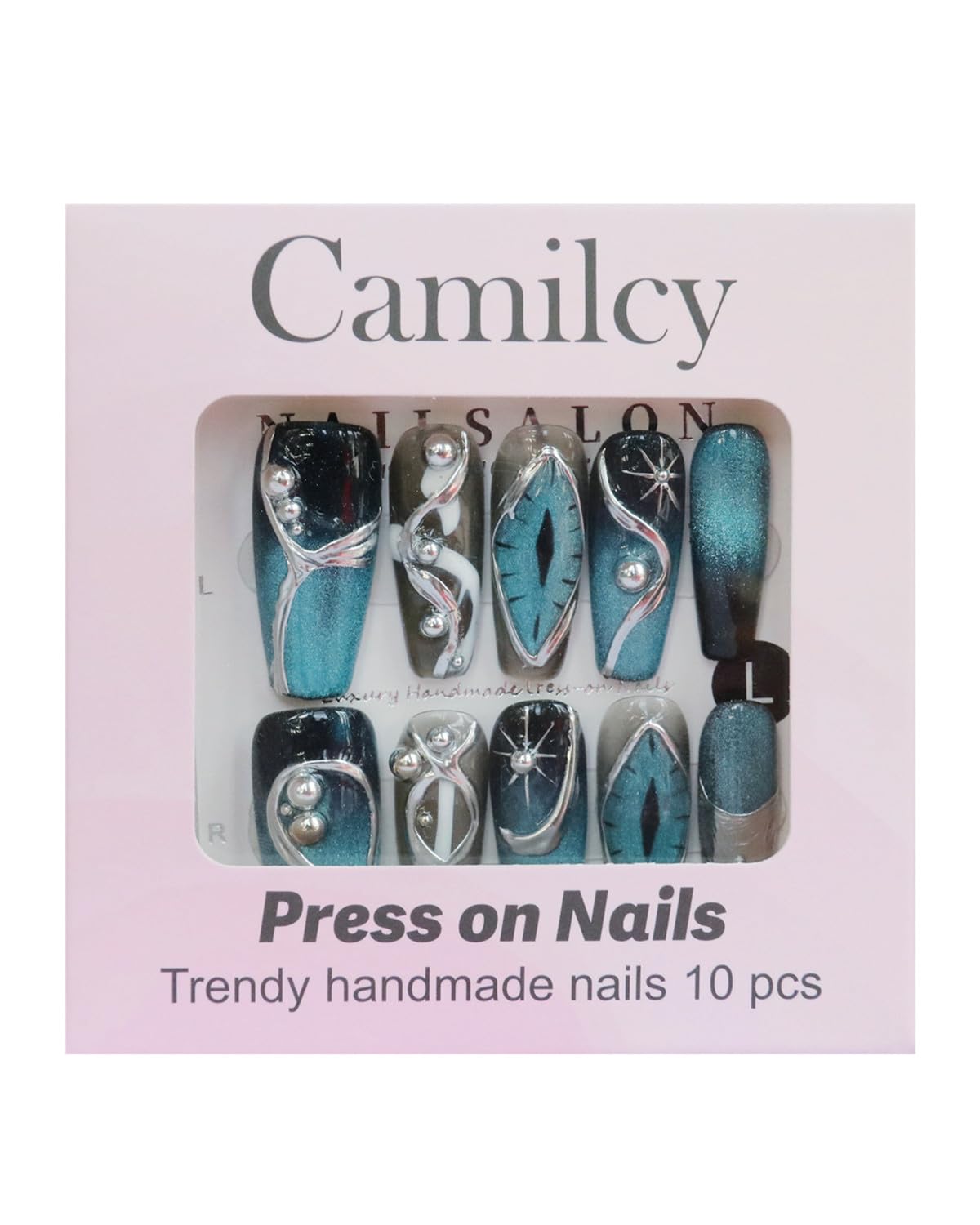 CAMILCY Handmade Press on Nails Long Coffin Blue Black Silver Glossy Luxury 3D Metal Charms Reusable Acrylic Artificial Fake Nails Full Cover False Nails for Women 10pcs (A048, S)