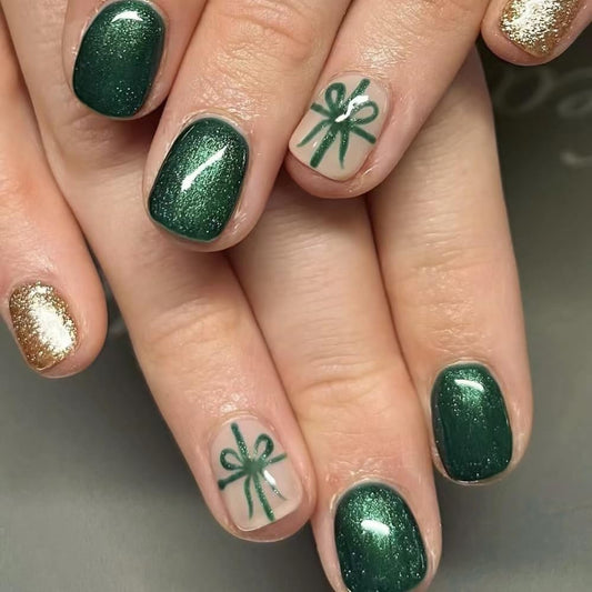 Christmas Green Press on Nails - Short Square Fake Nails with Bow Design - Gold Glitter Full Cover Stick on Nails - for Women 24 Pcs