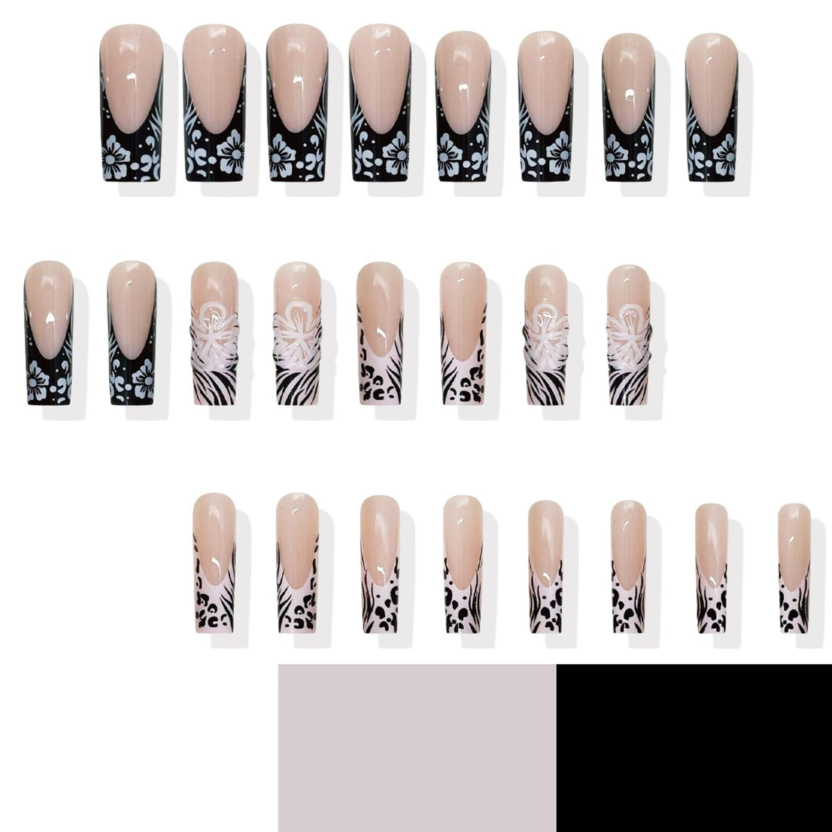 IMRAIN Press on Nails Long Square Fake Nails Black White Zebra Stripes French Tips False Nails with 3D Flower Designs Full Cover Glossy Artificial Glue on Nails for Women 24Pcs