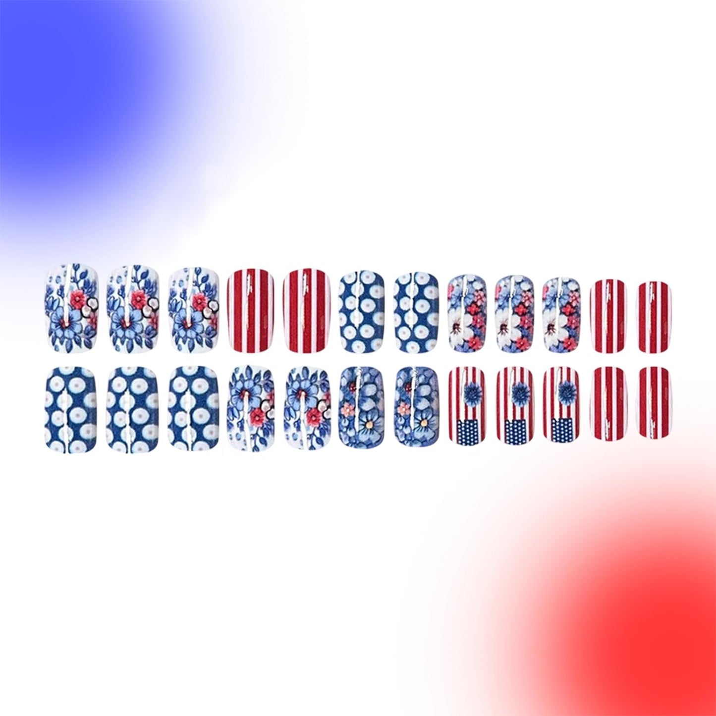 24Pcs Independence Day Flowers Press on Nails Short Square 4th of July Fake Nails Patriotic Red White Stripes Design False Nails Full Cover American Flag Nails for Women Manicure Decoration