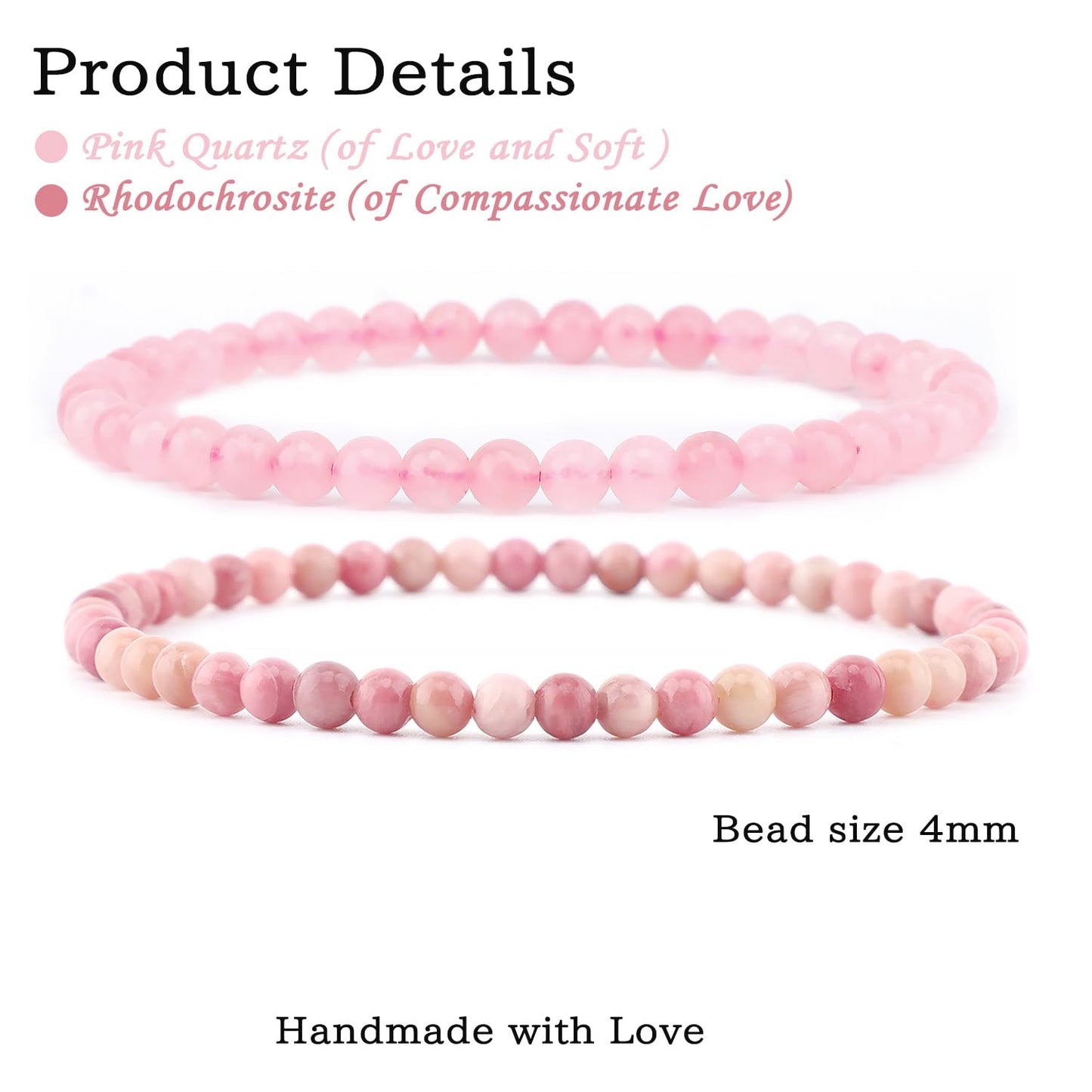 NCB 2-Piece 4mm Natural Crystal Gemstone Stretch Bracelets – ﻿Pink Quartz, Rhodochrosite Handmade Reiki Energy Healing Jewelry for Meditation,Yoga, Unisex