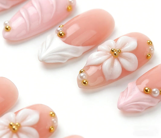 Handmade Press on Nails Almond Shape 3D Cute Glue on Nails for Women, Luxury Homemade Press on Nail Art Design, Fake Nails with 3D Nail Charms Size M 3