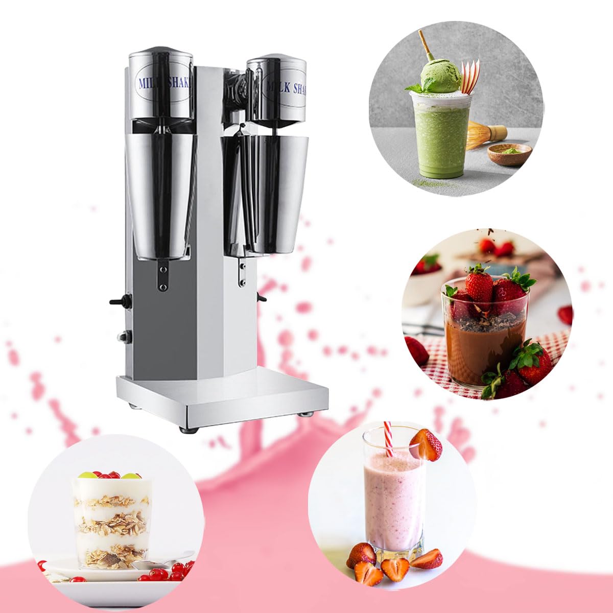 INTBUYING Dual Head Milkshake Machine Stainless Steel Milk Shake Machine 2 Speed with Mixing Cup, Smoothie Mixer Blender Cocktail Maker Commercial Milkshake Mixer