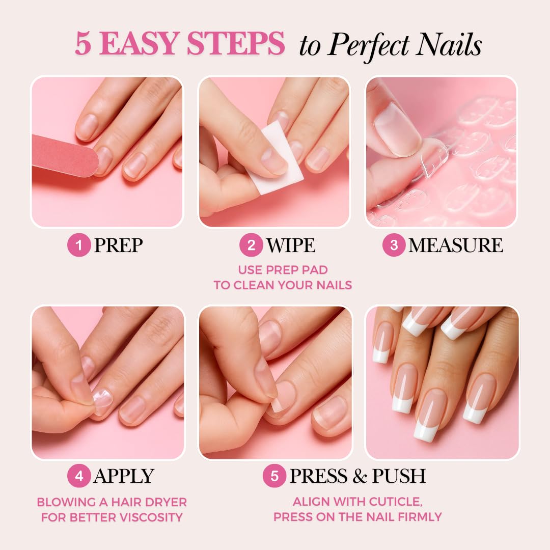PerfectLook Press On Nails - Classic Diamond | No Glue Short Coffin Nude Nails with French Tips & Crystal Accents - 24 Pcs Nail Kit with Adhesive Tabs