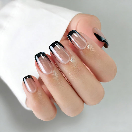 Black French Tip Glazed Donut Chrome Press On Nails - GJZEZ Soft Gel Medium Square Holographic Licorice Nails, Iridescent Shimmery Halloween Fall Glue on Nail | 16 Sizes - 32pcs Reusable Nail