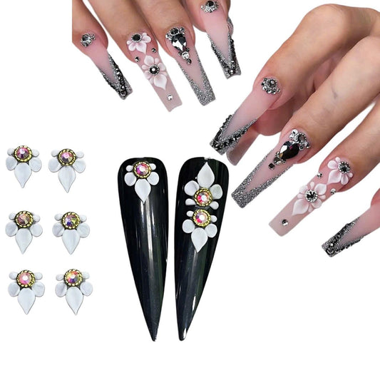 Set 12Pcs 3D White Half Poinettia Flower Charms Handmade by Acrylic Powder Design Nail Art Floral Salon Decor, 3D Flowers Nails Charms With Rhinestone Gems For Women Girls (White Half-Poinettia 12Pcs)