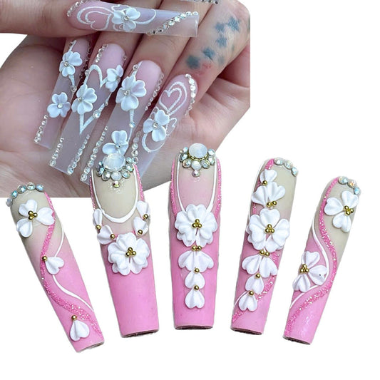 Set 20Pcs White Heart 3D Flowers for Nails, Handmade 3D Acrylic Flowers for Valentine - Wedding Nails, Flower Nail Made by Acrylic Powder Design Deco Nail Art Women Girls (15 White Heart 2#)