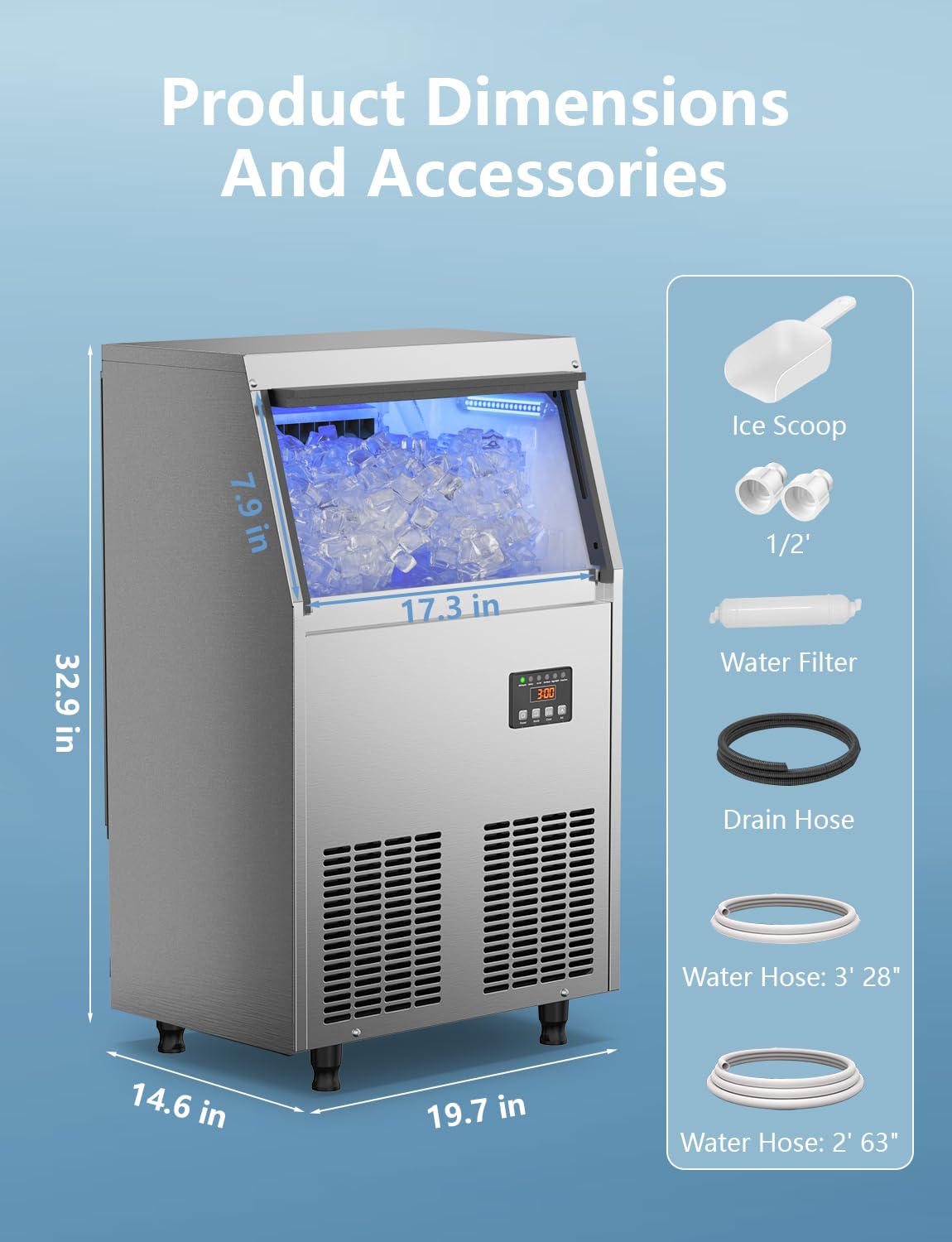 Coolski Commercial Ice Maker Machine 100Lbs/24H, Under Counter Ice Machine with 34lbs Ice Storage Bin, Stainless Steel Freestanding Ice Maker for Restaurant, Bars, Home and Offices